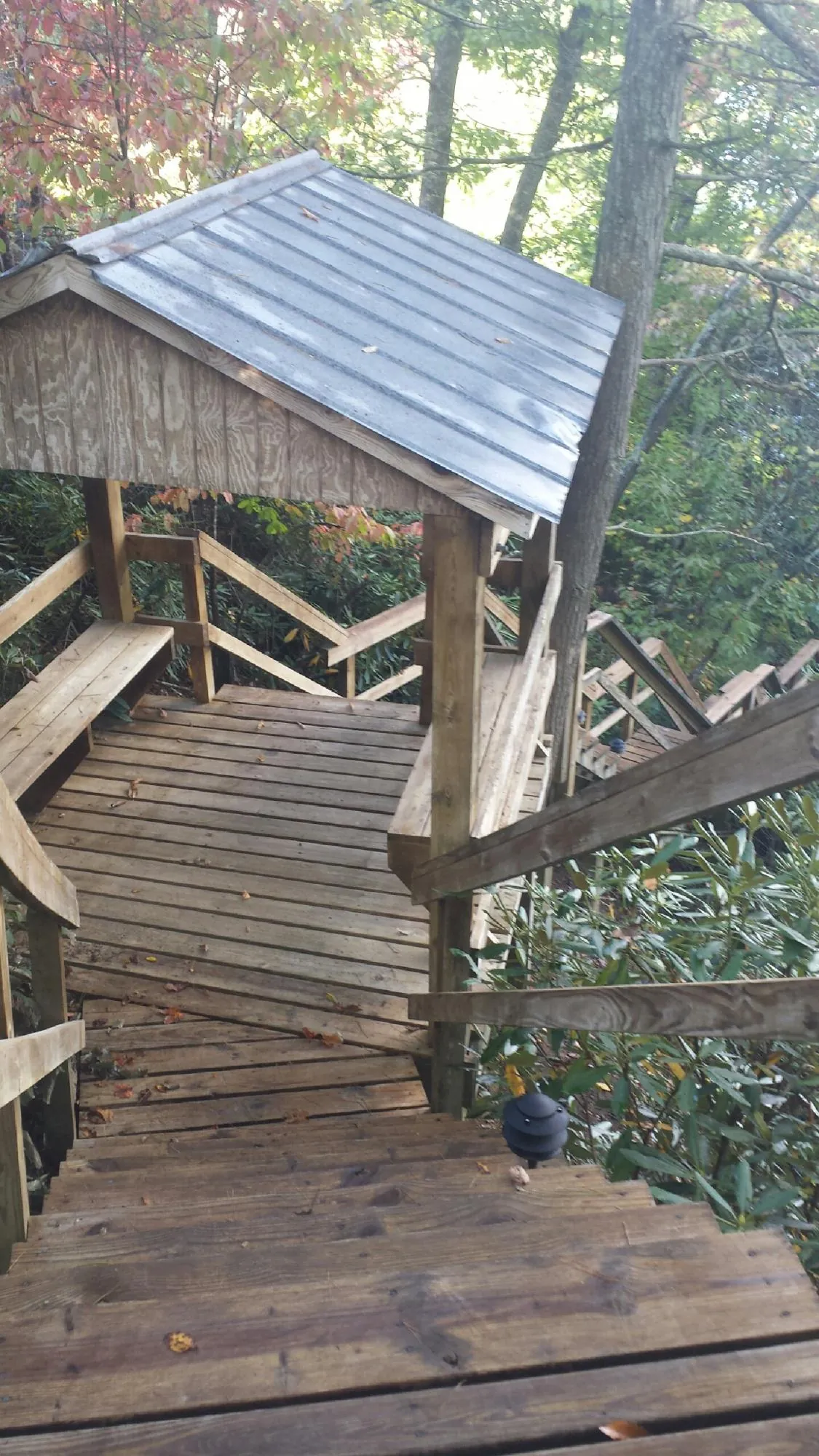 Metal roofed shelter over wooden steps on a wooded walkway — Skylight Repair & Installation work by our crew in Medusa